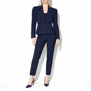 90s Vintage Michelle Stuart Womens 2P Petite Navy Pleated Peplum Blazer